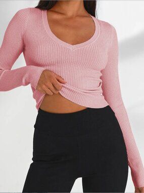 Brandy Melville Pink Ribbed V-Neck Sweater